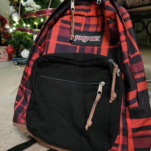 Jansport Bags Jansport Red Flannel Plaid Leather Backpack Poshmark